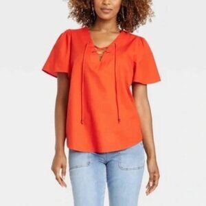 Knox Rose Coral Red/Orange‎ Short Sleeve Cotton Lace-Up Top Women's L